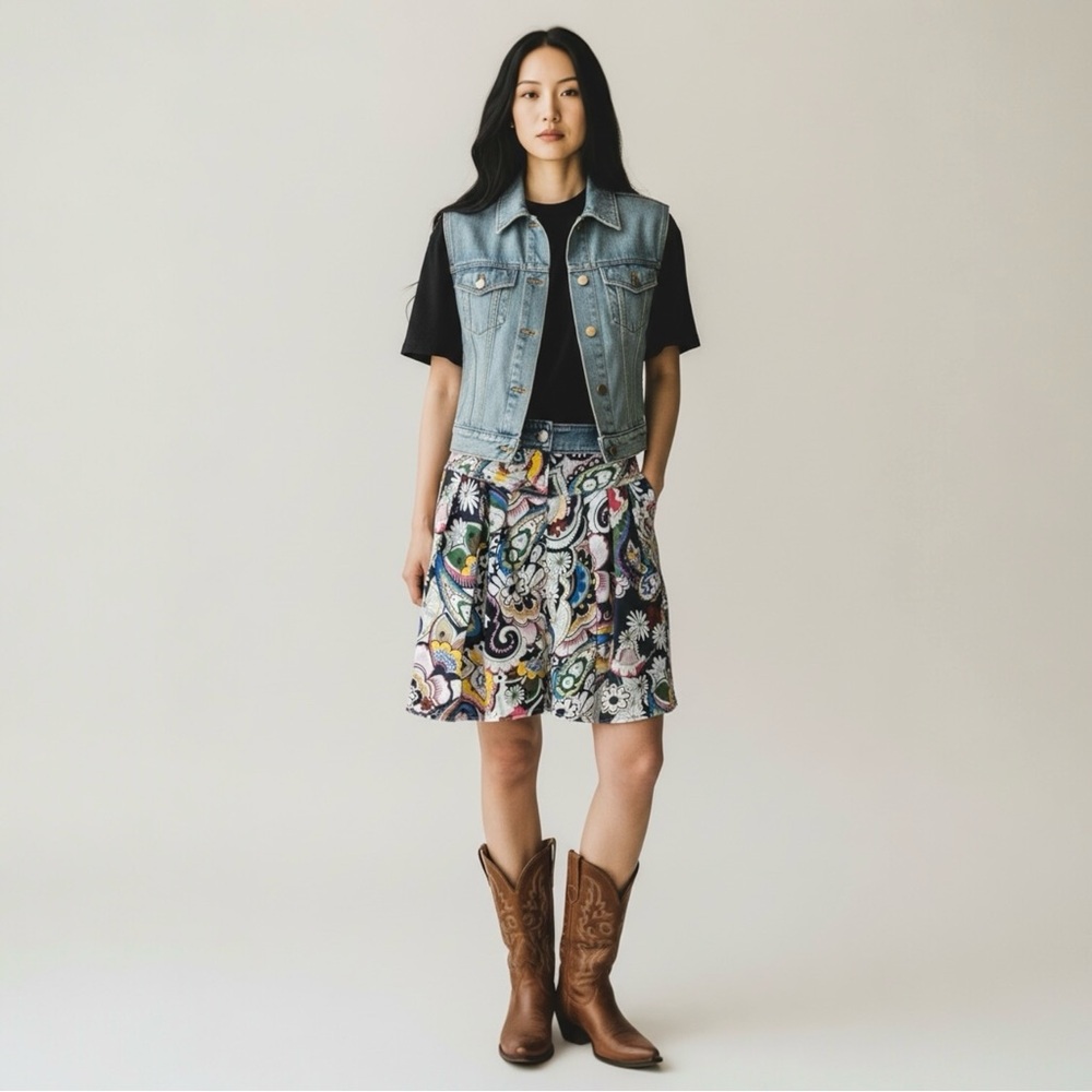 Marc Cain Fit & Flare Denim Print Skirt